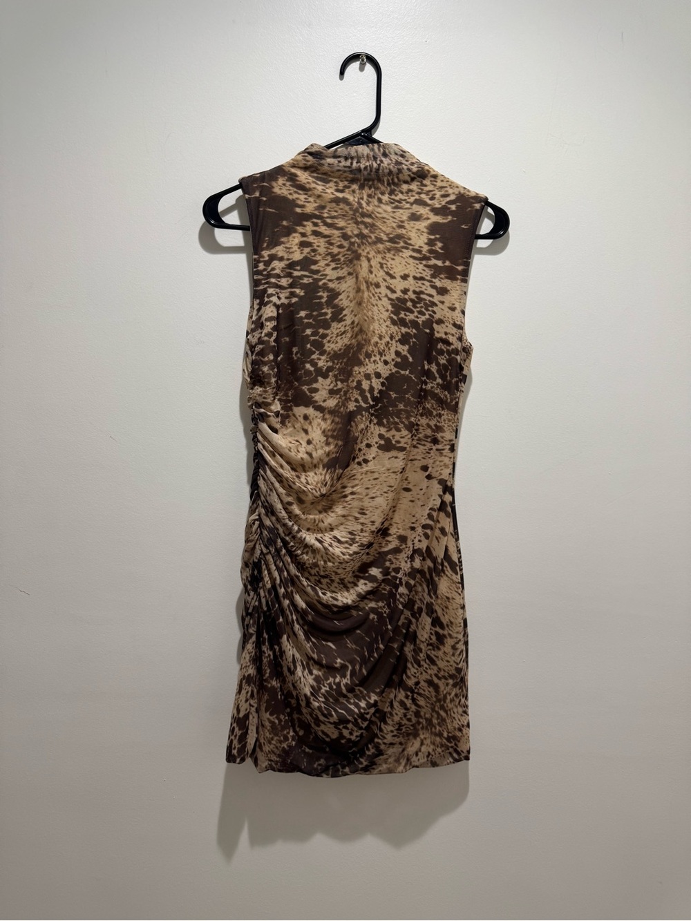 House of Harlow 1960 Sleevless Brown Printed Ruched Women's Mini Dress Mock Neck